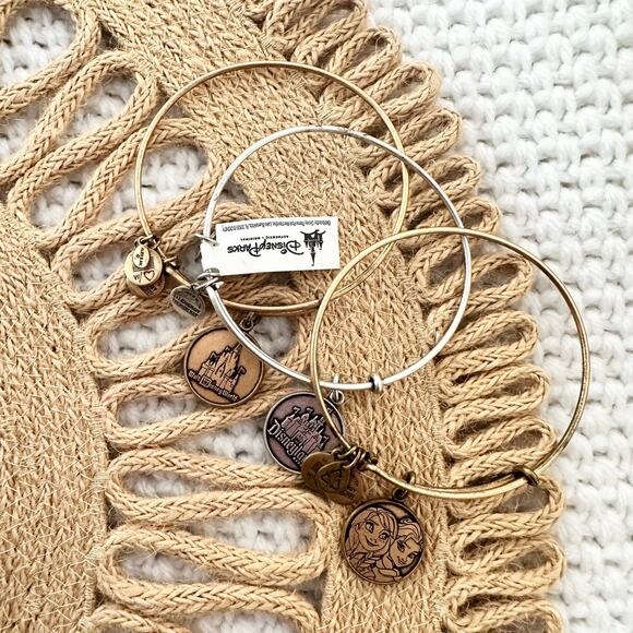 Alex & Ani Disney Land World Frozen Elsa Anna Set 3 Bangle Bracelets Silver Gold - Picture 8 of 8